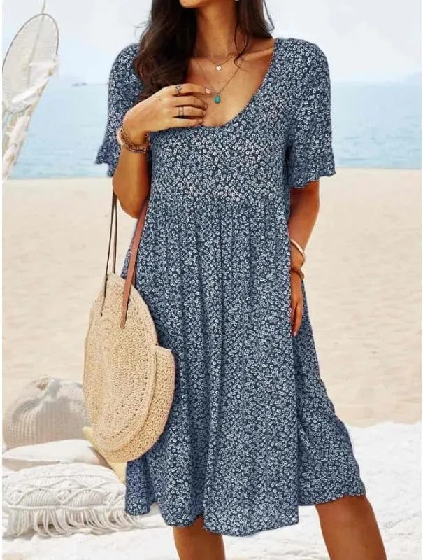 Women's Ditsy Floral Flowy Loose Knee Length Tshirt Dresses Summer Beach Casual Short Sleeve Swing Tunic Boho Dresses