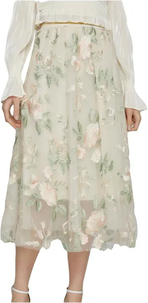 Womens Floral Embroidered Tulle Skirt Flared Pleated Flowy A Line High Elastic Waist Mesh Double-Layered Midi Skirts