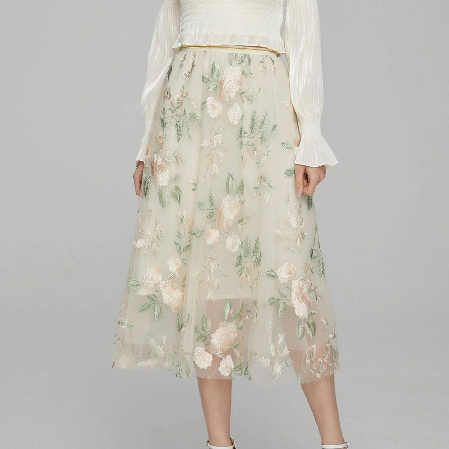 Womens Floral Embroidered Tulle Skirt Flared Pleated Flowy A Line High Elastic Waist Mesh Double-Layered Midi Skirts