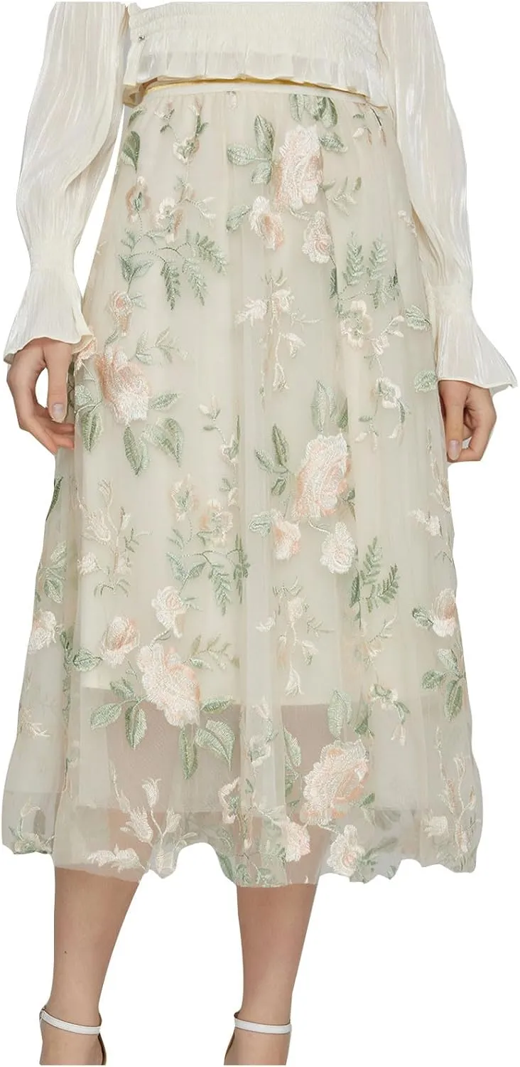 Womens Floral Embroidered Tulle Skirt Flared Pleated Flowy A Line High Elastic Waist Mesh Double-Layered Midi Skirts