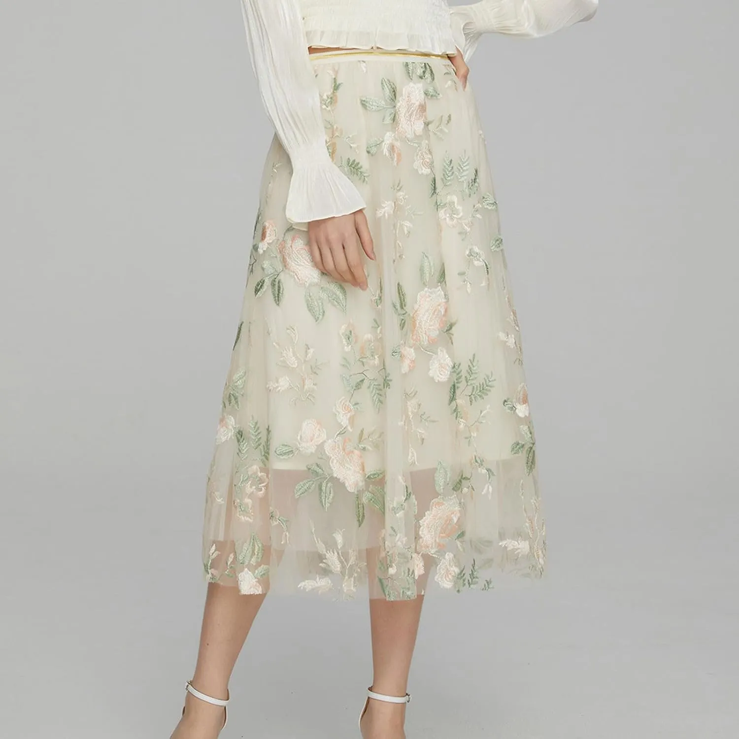Womens Floral Embroidered Tulle Skirt Flared Pleated Flowy A Line High Elastic Waist Mesh Double-Layered Midi Skirts