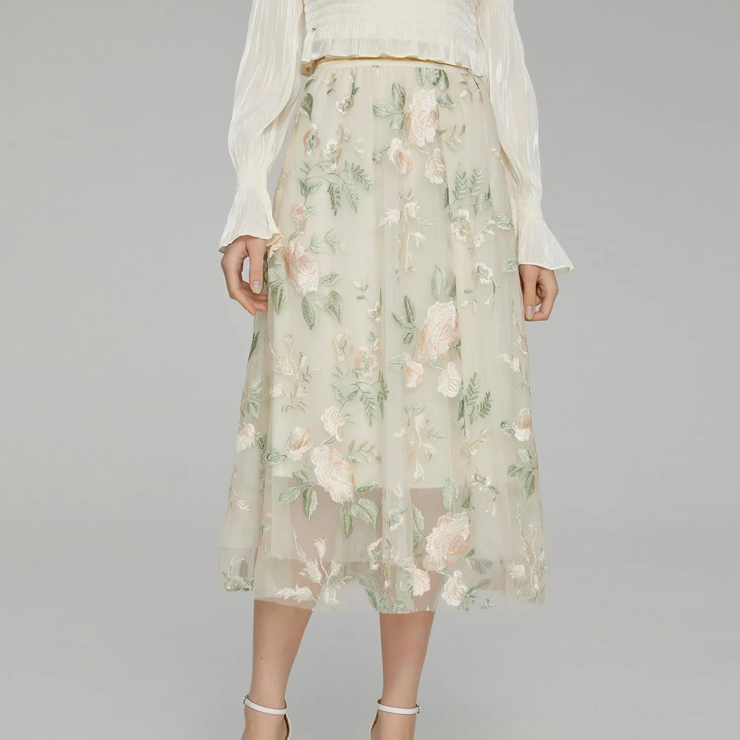 Womens Floral Embroidered Tulle Skirt Flared Pleated Flowy A Line High Elastic Waist Mesh Double-Layered Midi Skirts