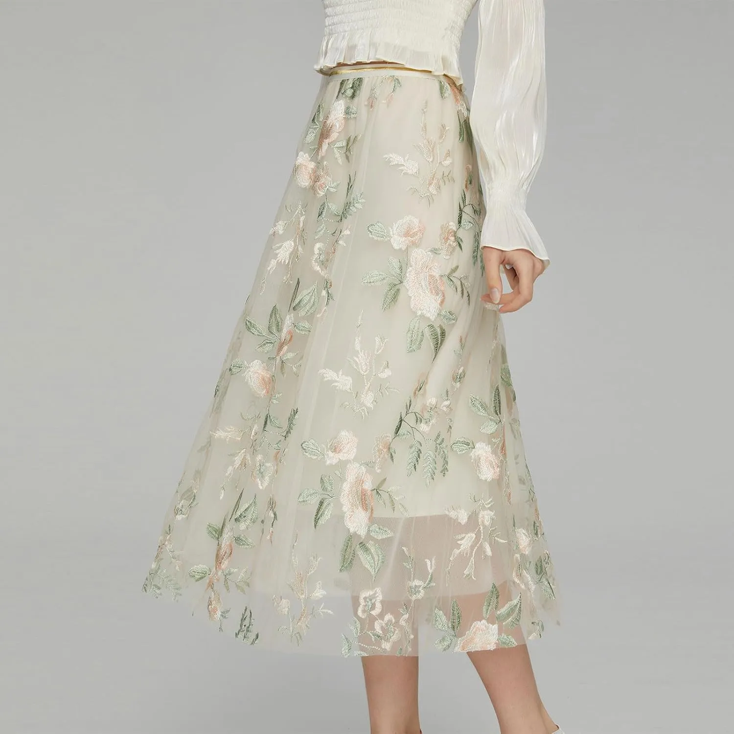 Womens Floral Embroidered Tulle Skirt Flared Pleated Flowy A Line High Elastic Waist Mesh Double-Layered Midi Skirts