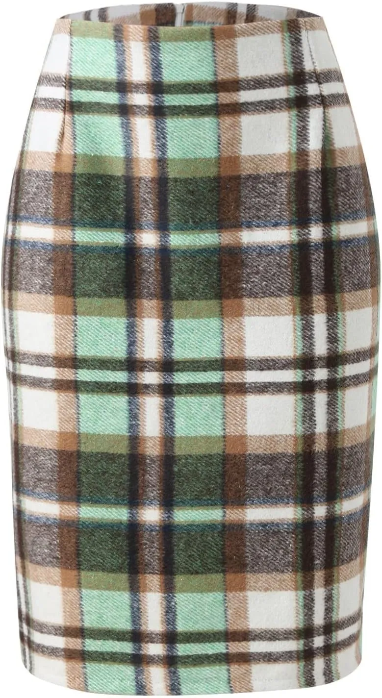 Womens High Waist Plaid Skirt Bodycon Pencil Wool Mini Skirts Dressy Casual Flannel Work Date Hip-Covering Skirt