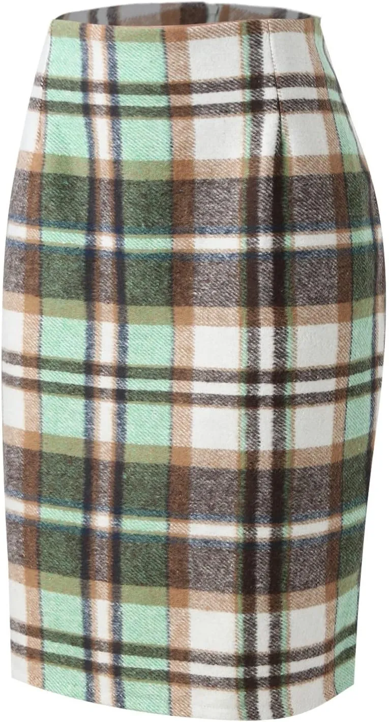 Womens High Waist Plaid Skirt Bodycon Pencil Wool Mini Skirts Dressy Casual Flannel Work Date Hip-Covering Skirt