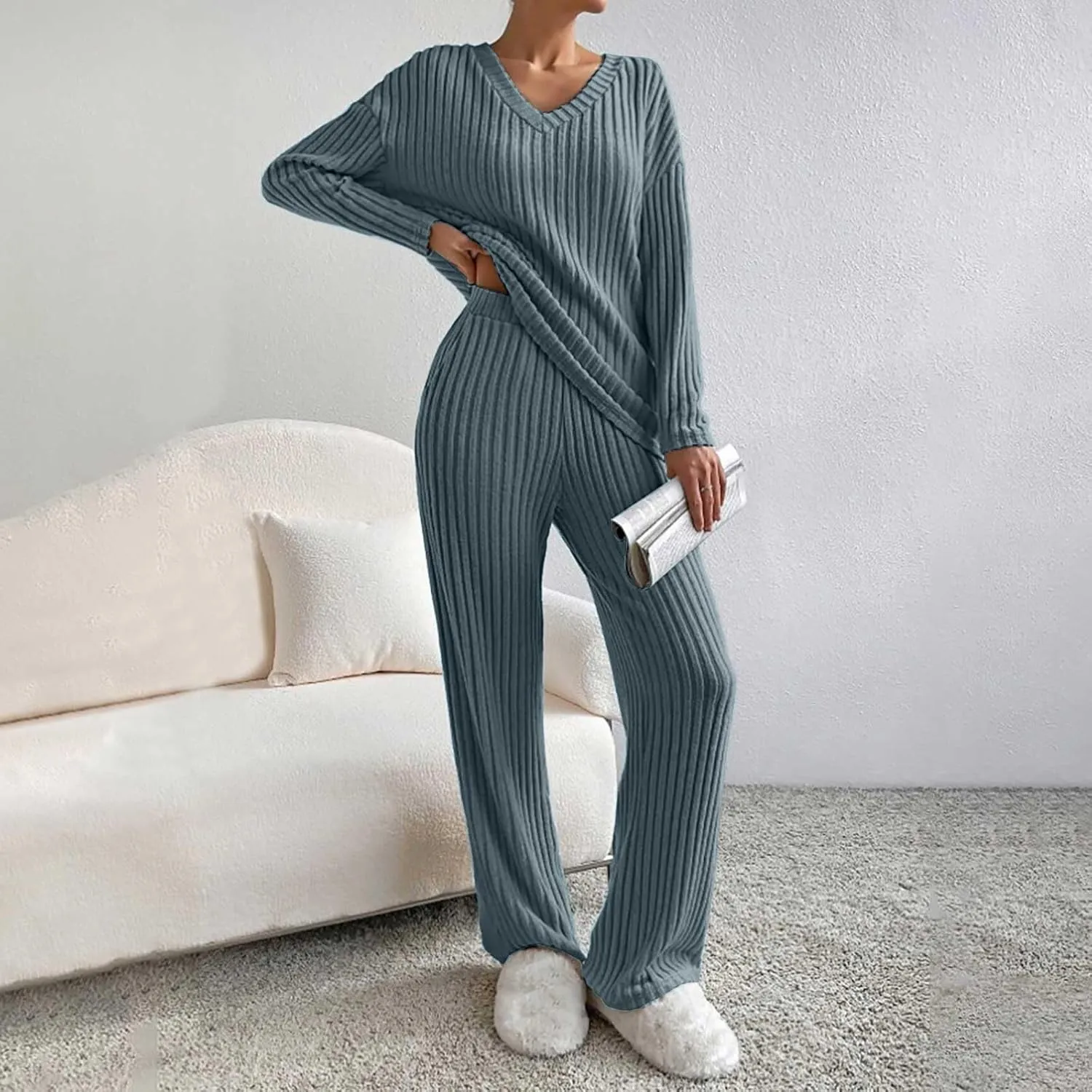 Women's Lounge Long Pajama Sets Trendy Loose Ribbed Knitted Loungewear Outfits Soft Solid Color Casual Sleepwear Sets