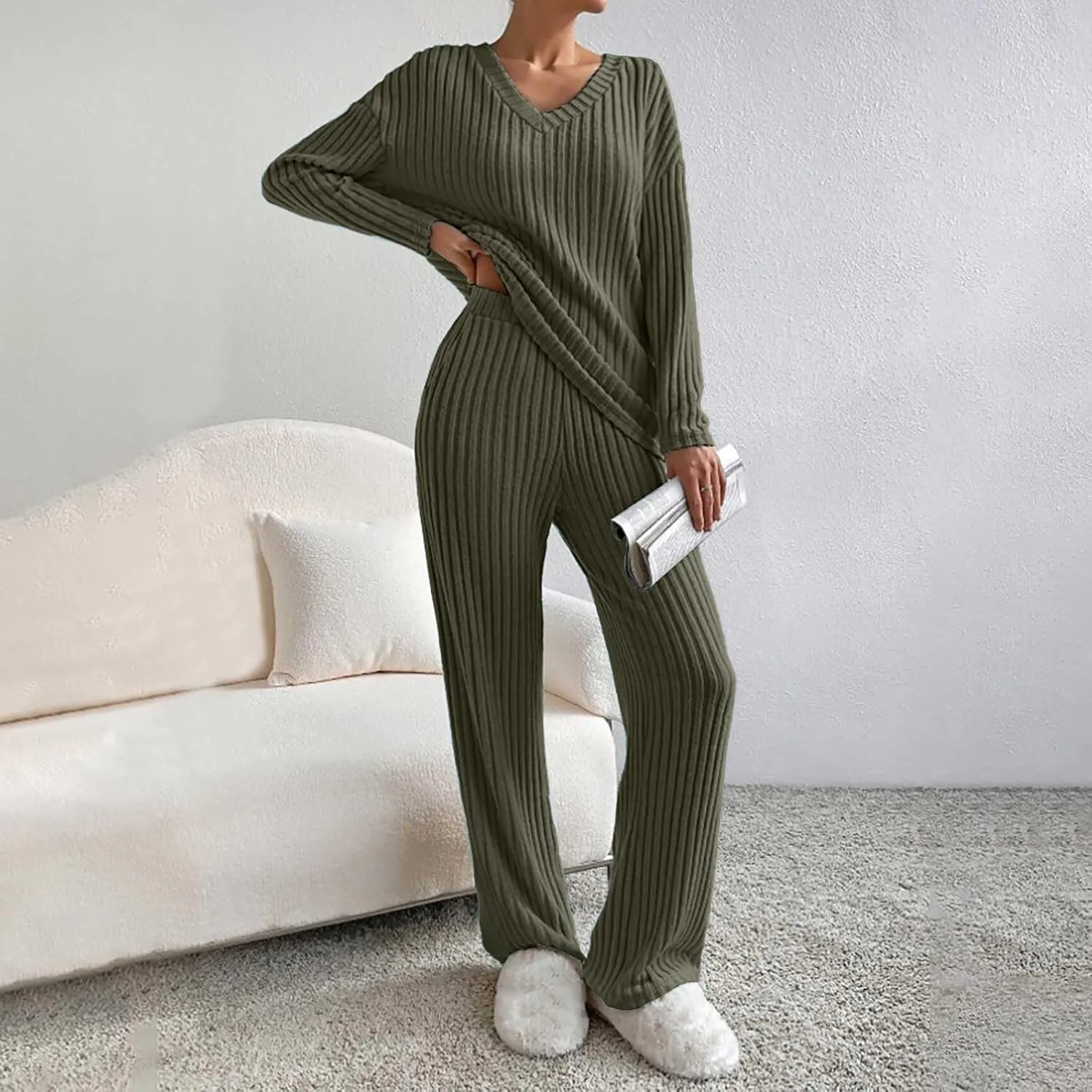 Women's Lounge Long Pajama Sets Trendy Loose Ribbed Knitted Loungewear Outfits Soft Solid Color Casual Sleepwear Sets