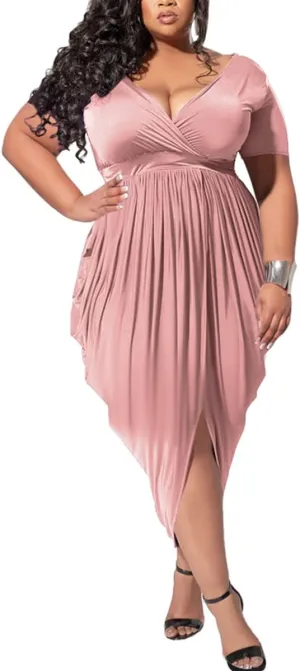 Women's Night Dress Plus Size Sexy V Neck Short Sleeve Solid Ruched Bodycon Party Cocktail Midi Dress