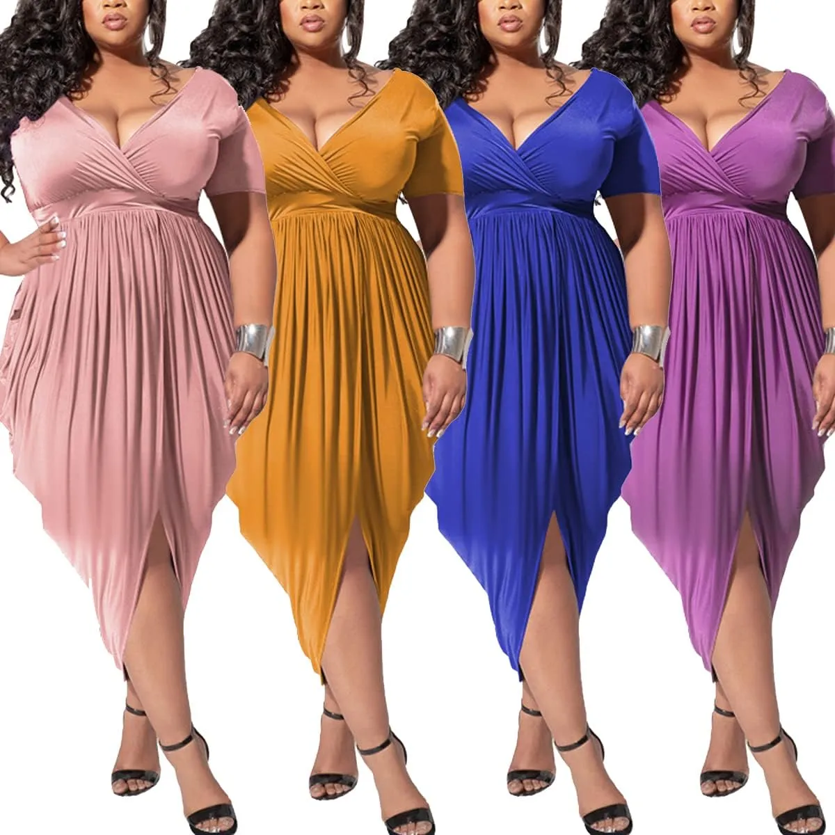 Women's Night Dress Plus Size Sexy V Neck Short Sleeve Solid Ruched Bodycon Party Cocktail Midi Dress