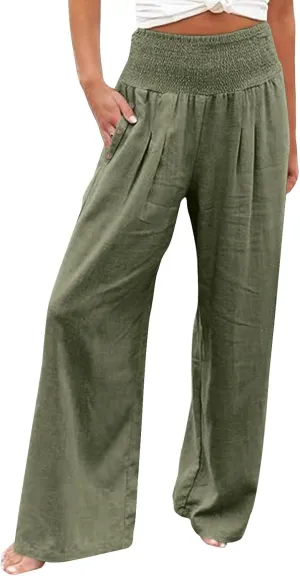 Womens Plaid Pants Women's Linen Summer Solid Color Palazzo Pants Flowy Wide Leg High Waist Comfy White Gauze