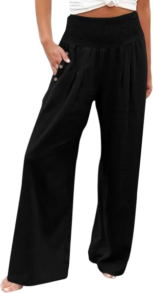 Womens Plaid Pants Women's Linen Summer Solid Color Palazzo Pants Flowy Wide Leg High Waist Comfy White Gauze
