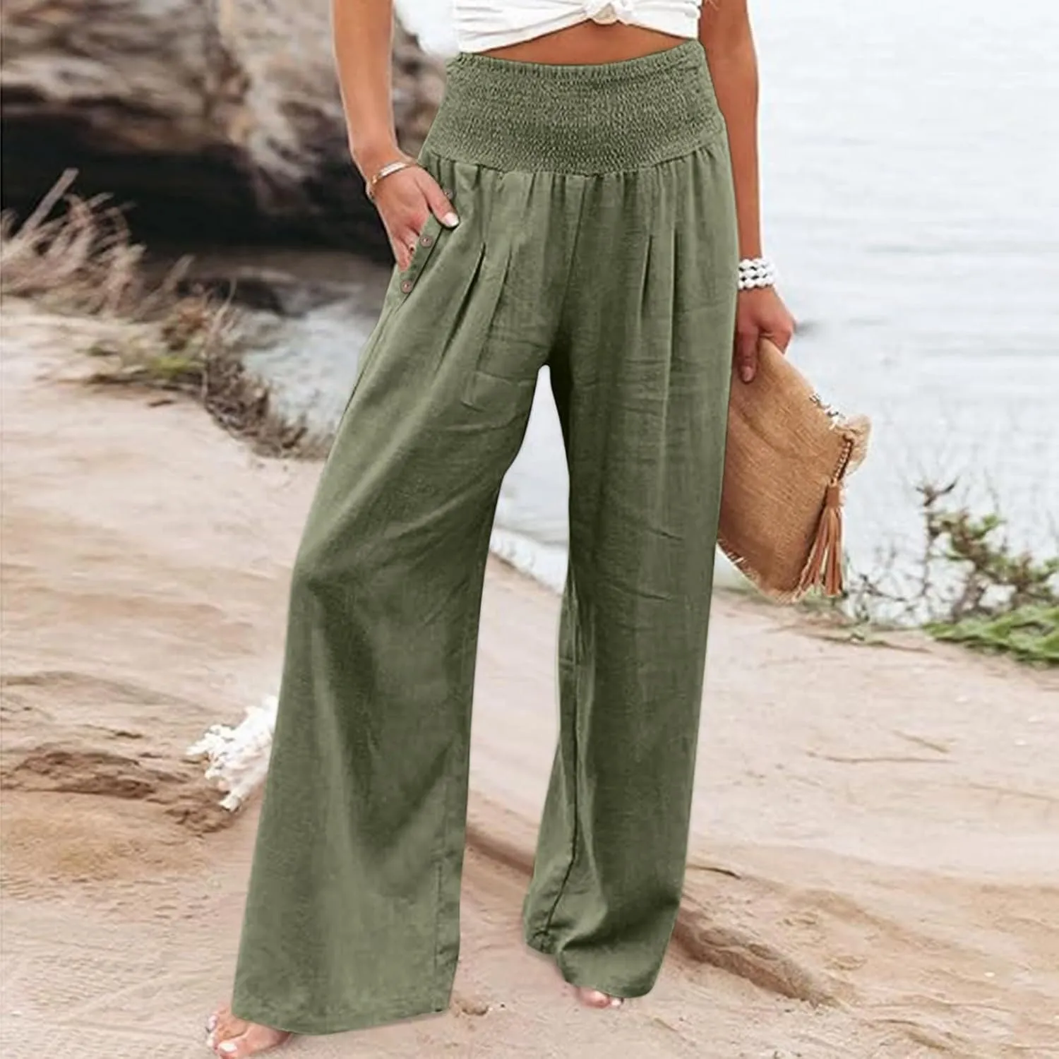 Womens Plaid Pants Women's Linen Summer Solid Color Palazzo Pants Flowy Wide Leg High Waist Comfy White Gauze