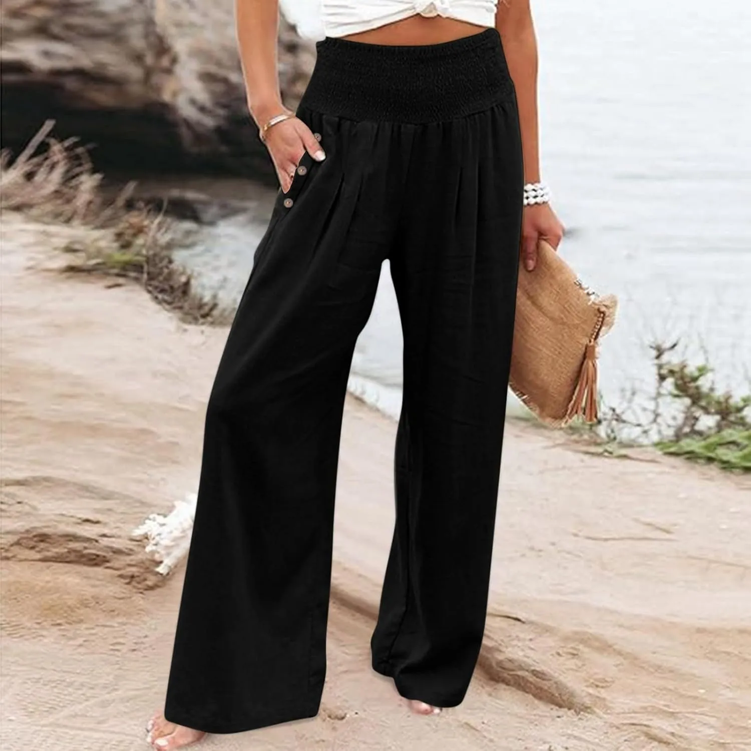 Womens Plaid Pants Women's Linen Summer Solid Color Palazzo Pants Flowy Wide Leg High Waist Comfy White Gauze