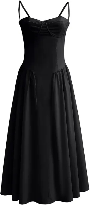Women's Ruched Bust Corset Dress Flowy Milkmaid Dress Spaghetti Strap Bustier Midi Dress Low Cut Flowy Pleated Hem Dresses