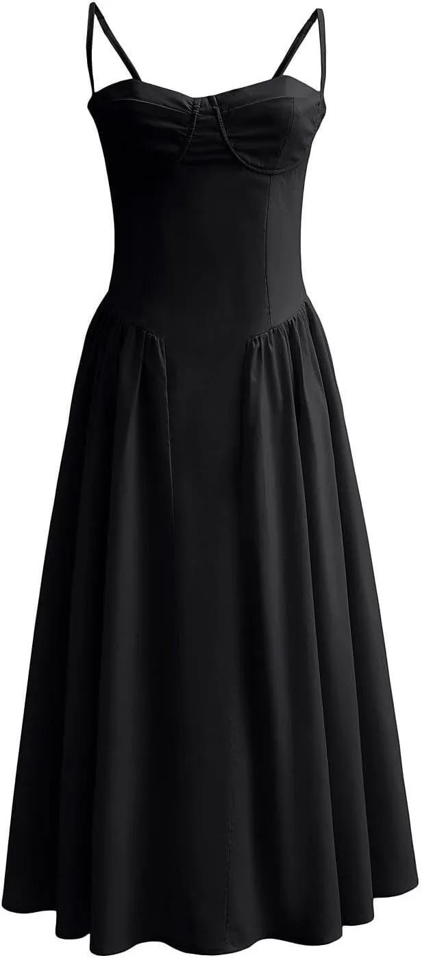 Women's Ruched Bust Corset Dress Flowy Milkmaid Dress Spaghetti Strap Bustier Midi Dress Low Cut Flowy Pleated Hem Dresses