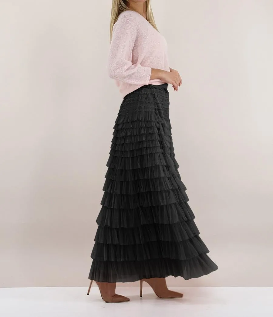 Women's Ruffled Tiered Tulle Skirt Elastic High Waist Fairy Maxi Skirt Layered Mesh Puffy A Line Long Skirt