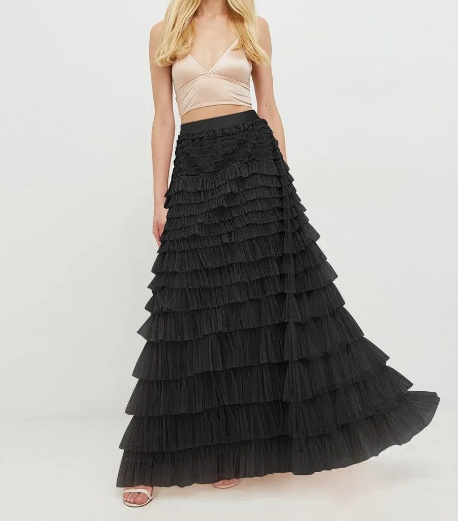 Women's Ruffled Tiered Tulle Skirt Elastic High Waist Fairy Maxi Skirt Layered Mesh Puffy A Line Long Skirt