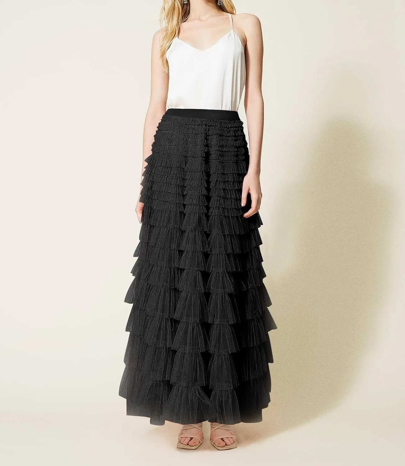 Women's Ruffled Tiered Tulle Skirt Elastic High Waist Fairy Maxi Skirt Layered Mesh Puffy A Line Long Skirt