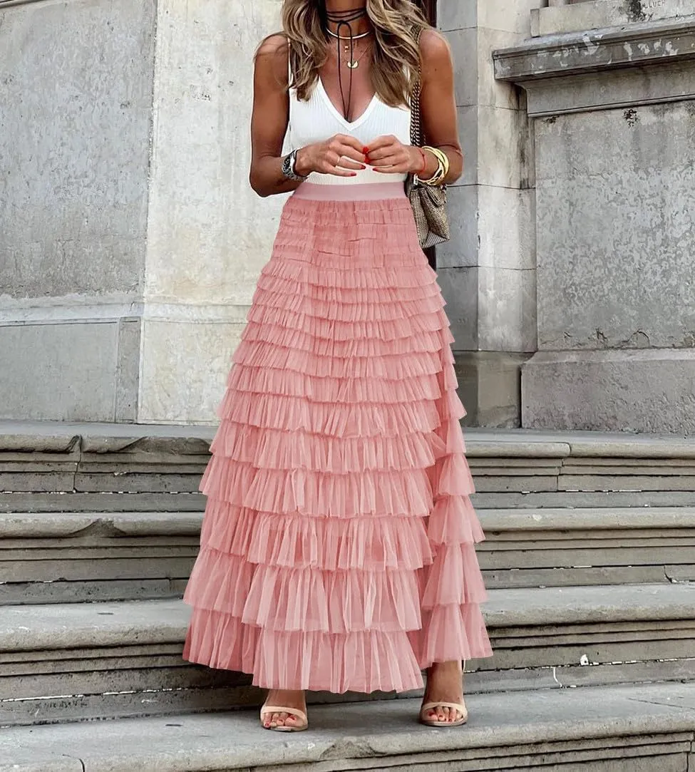 Women's Ruffled Tiered Tulle Skirt Elastic High Waist Fairy Maxi Skirt Layered Mesh Puffy A Line Long Skirt