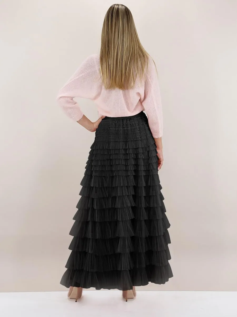 Women's Ruffled Tiered Tulle Skirt Elastic High Waist Fairy Maxi Skirt Layered Mesh Puffy A Line Long Skirt