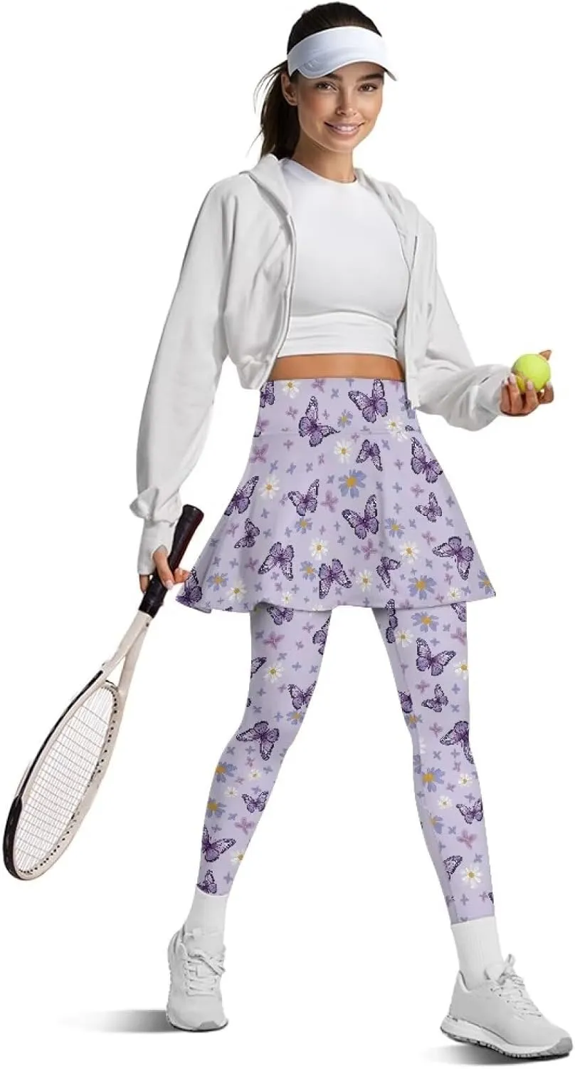Women's Skirted Leggings Stretch High Waist Long Pants with Skirts Stylish Tennis Pickball Skorts with Pockets