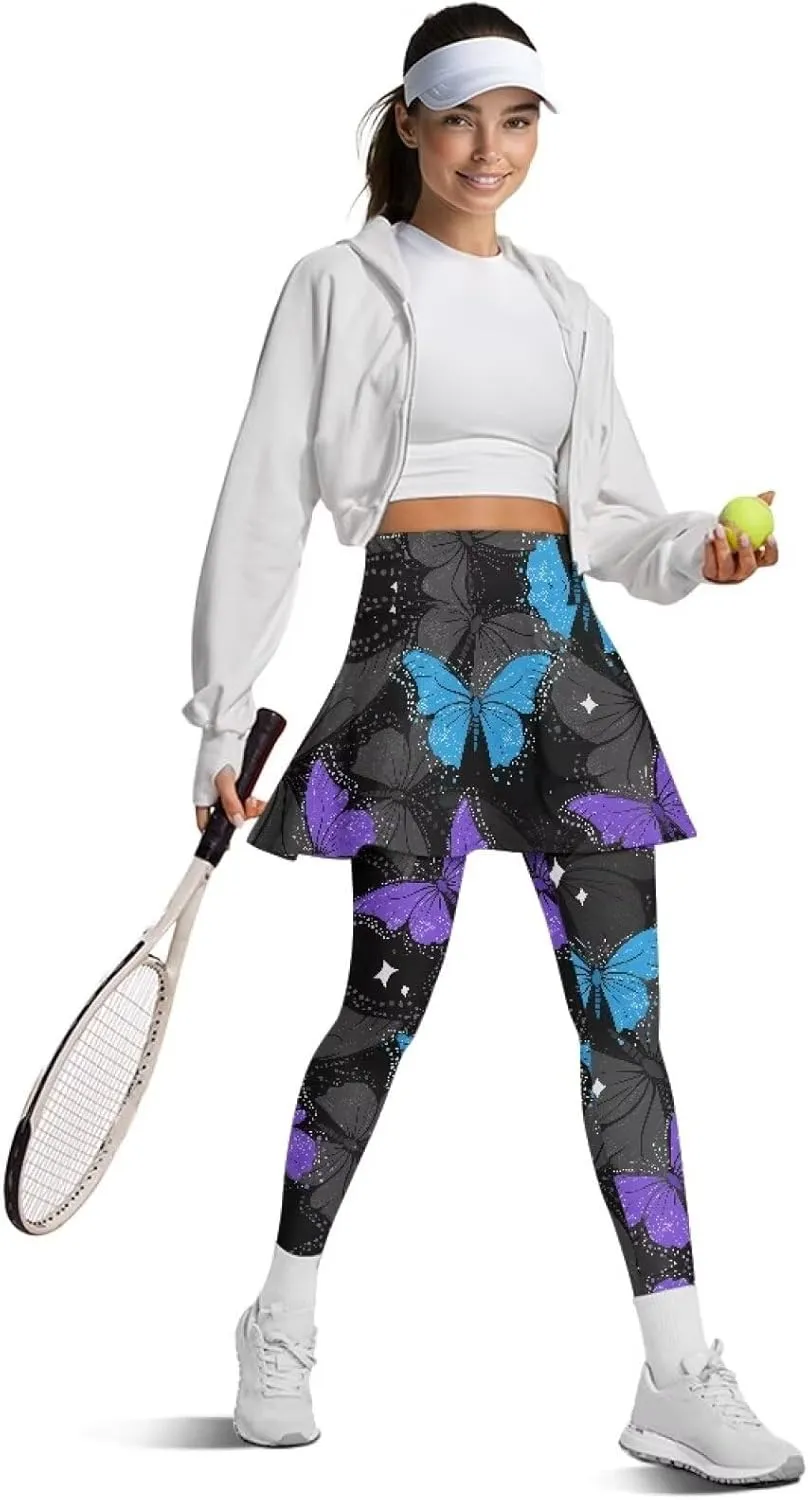 Women's Skirted Leggings Stretch High Waist Long Pants with Skirts Stylish Tennis Pickball Skorts with Pockets