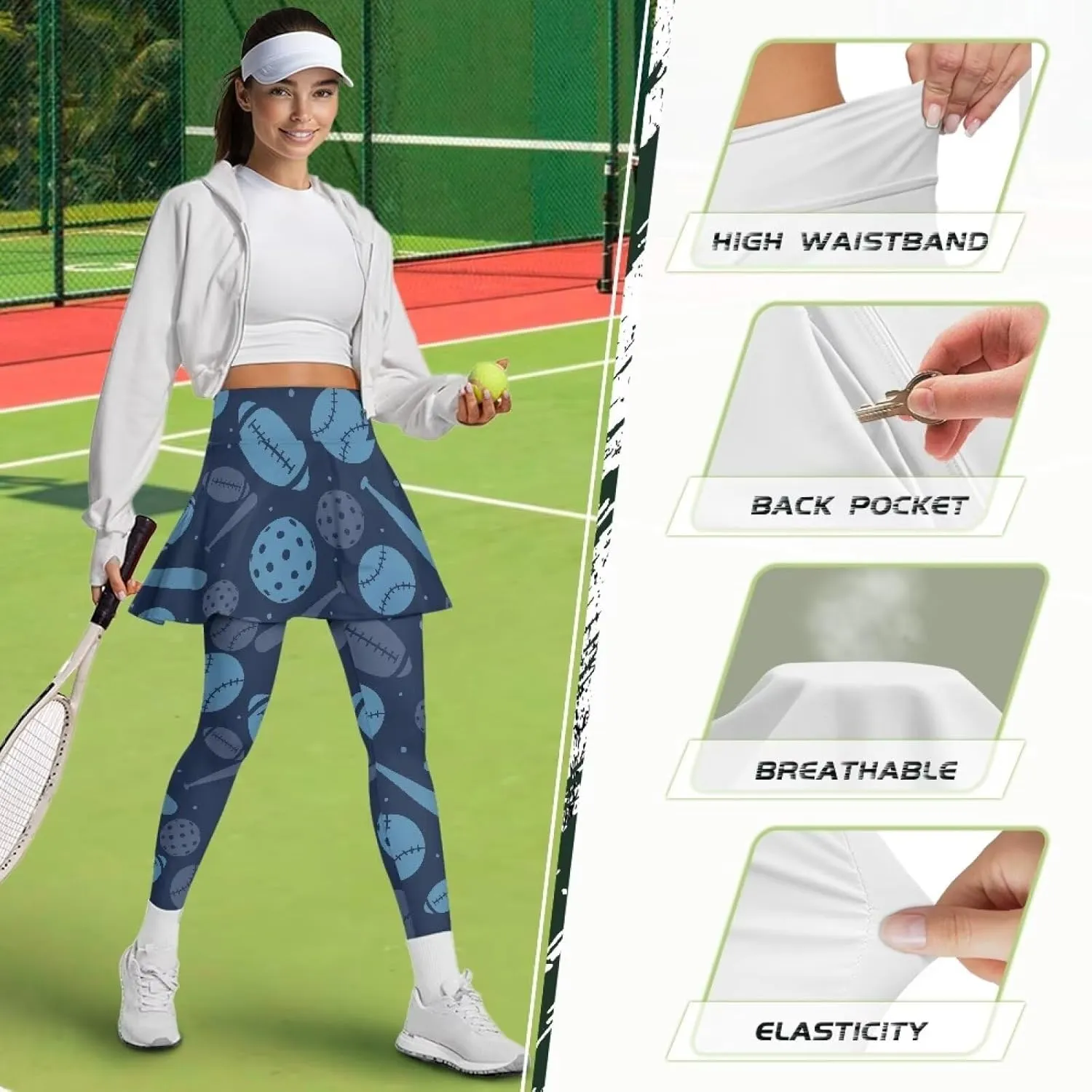 Women's Skirted Leggings Stretch High Waist Long Pants with Skirts Stylish Tennis Pickball Skorts with Pockets