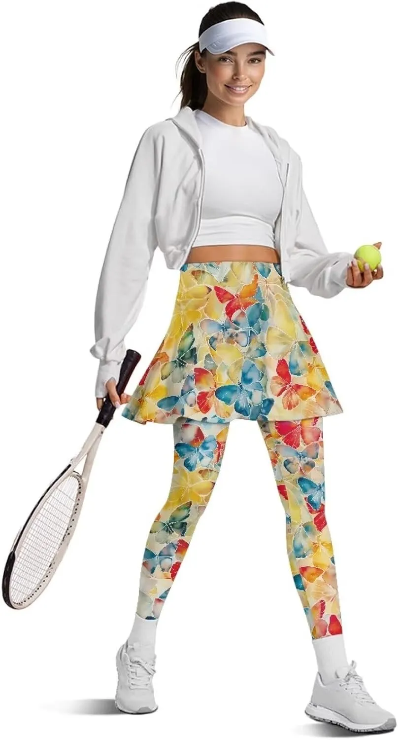 Women's Skirted Leggings Stretch High Waist Long Pants with Skirts Stylish Tennis Pickball Skorts with Pockets