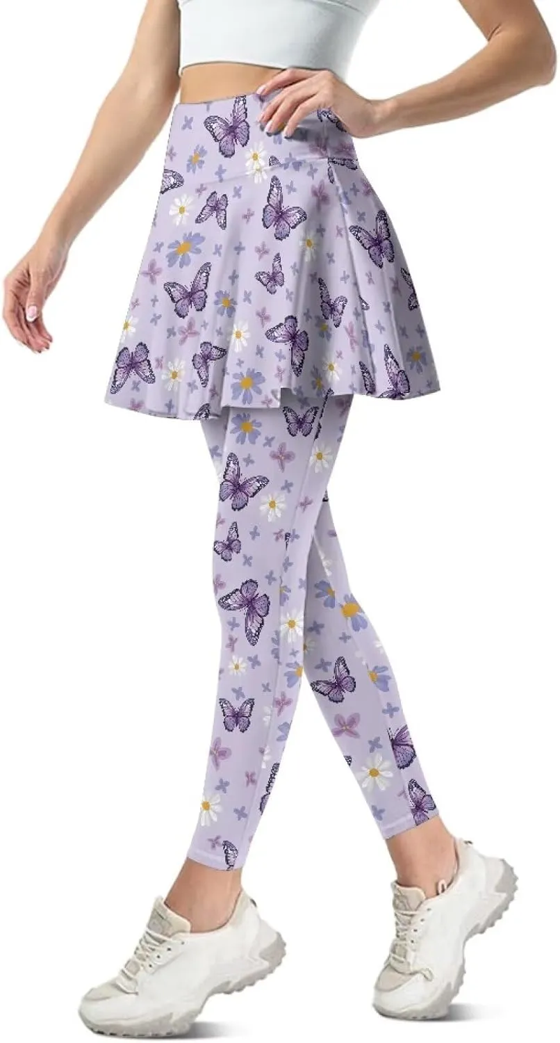 Women's Skirted Leggings Stretch High Waist Long Pants with Skirts Stylish Tennis Pickball Skorts with Pockets