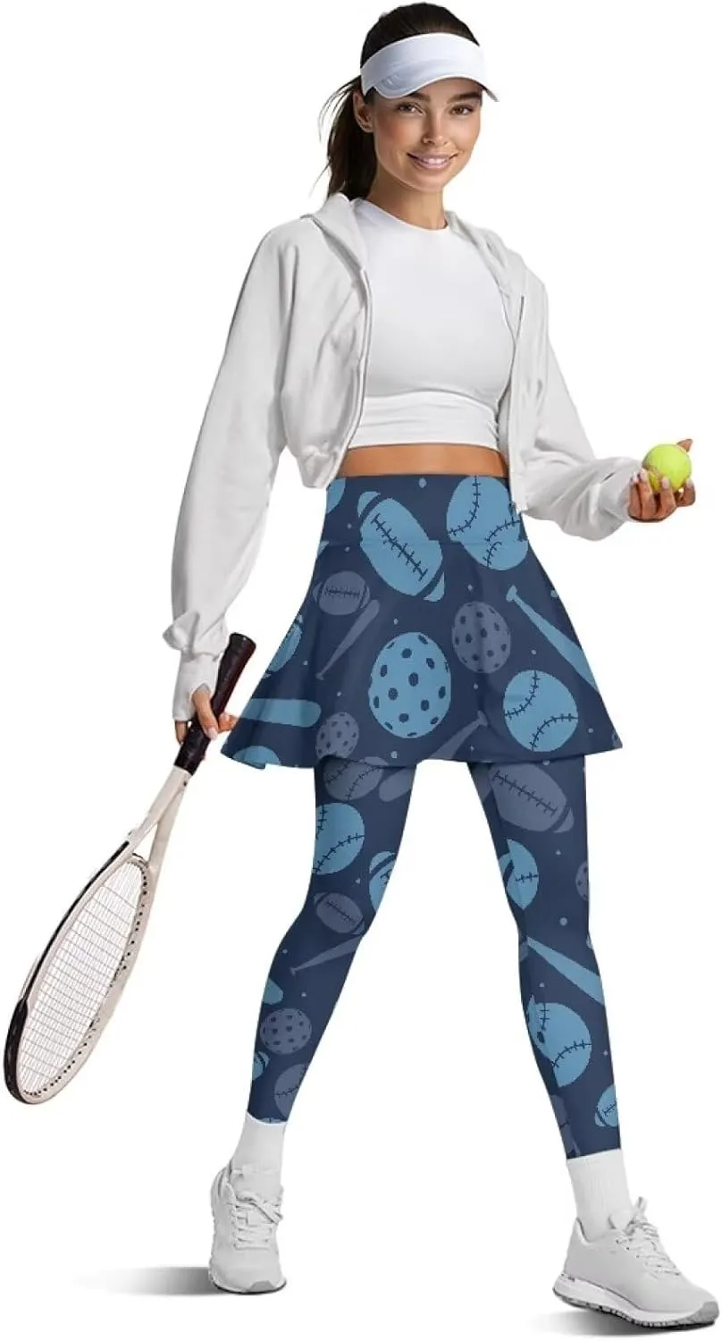 Women's Skirted Leggings Stretch High Waist Long Pants with Skirts Stylish Tennis Pickball Skorts with Pockets