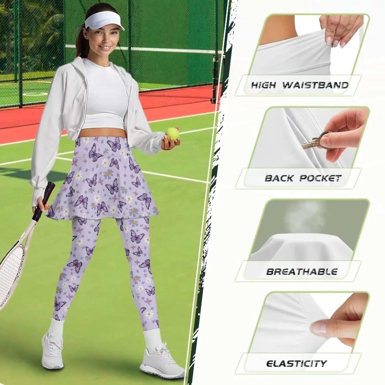 Women's Skirted Leggings Stretch High Waist Long Pants with Skirts Stylish Tennis Pickball Skorts with Pockets