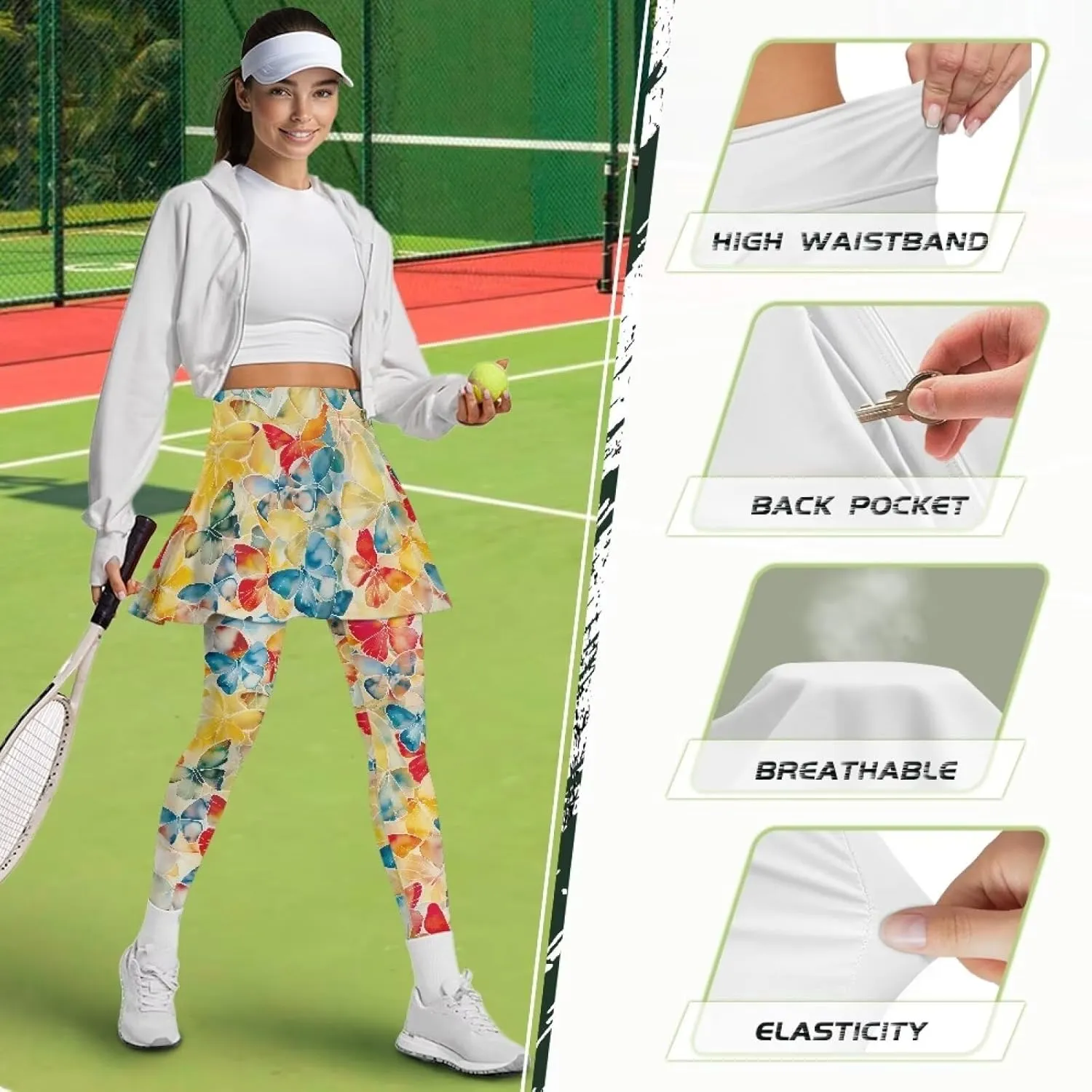 Women's Skirted Leggings Stretch High Waist Long Pants with Skirts Stylish Tennis Pickball Skorts with Pockets