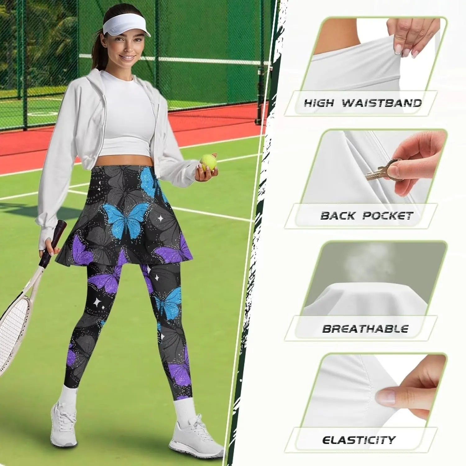 Women's Skirted Leggings Stretch High Waist Long Pants with Skirts Stylish Tennis Pickball Skorts with Pockets