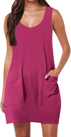 Womens Summer Dresses 2025 Casual Crew Neck Sleeveless Mini Dress Vacation Beach Sundresses Loose Fit Tank T Shirt