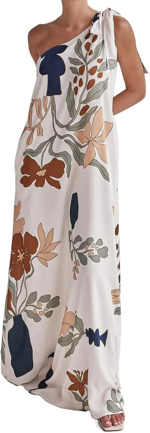 Women's Summer One Shoulder Maxi Dresses Printed Flowy Boho Beach Vacation Long Sundress with Pockets