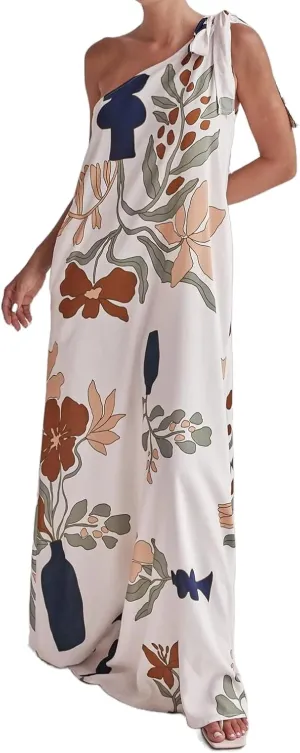 Women's Summer One Shoulder Maxi Dresses Printed Flowy Boho Beach Vacation Long Sundress with Pockets