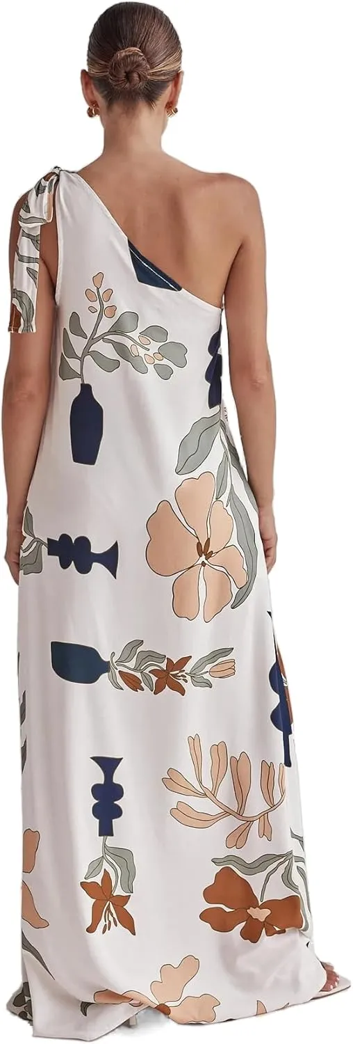 Women's Summer One Shoulder Maxi Dresses Printed Flowy Boho Beach Vacation Long Sundress with Pockets