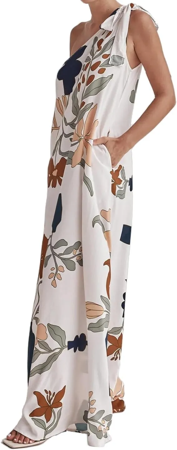 Women's Summer One Shoulder Maxi Dresses Printed Flowy Boho Beach Vacation Long Sundress with Pockets