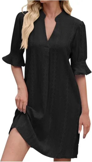 Women's Summer Short Sleeve Mini Dress Notch V Neck Ruffle Hollow Out Eyelet Dresses Flare Sleeves Loose Tunic Dress