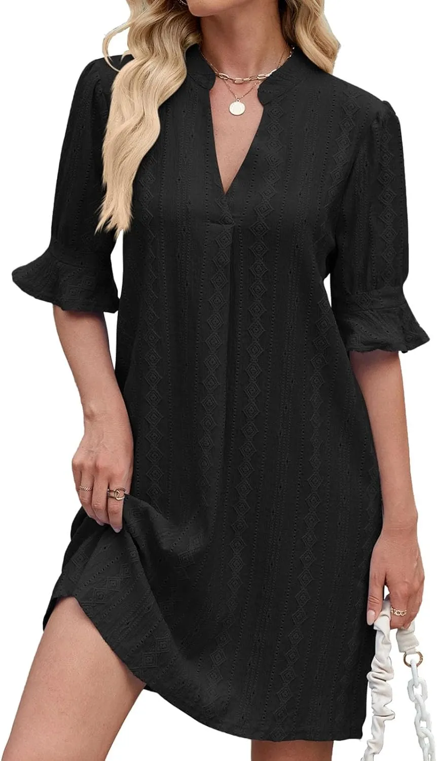 Women's Summer Short Sleeve Mini Dress Notch V Neck Ruffle Hollow Out Eyelet Dresses Flare Sleeves Loose Tunic Dress