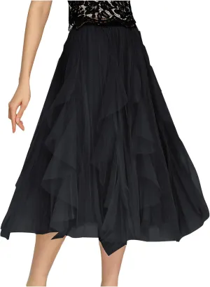 Women's Sweet Elastic Waist Tulle Skirt Asymmetrical Layered Ruffles Mesh Midi Tiered Skirt Prom Party Dance Skirts