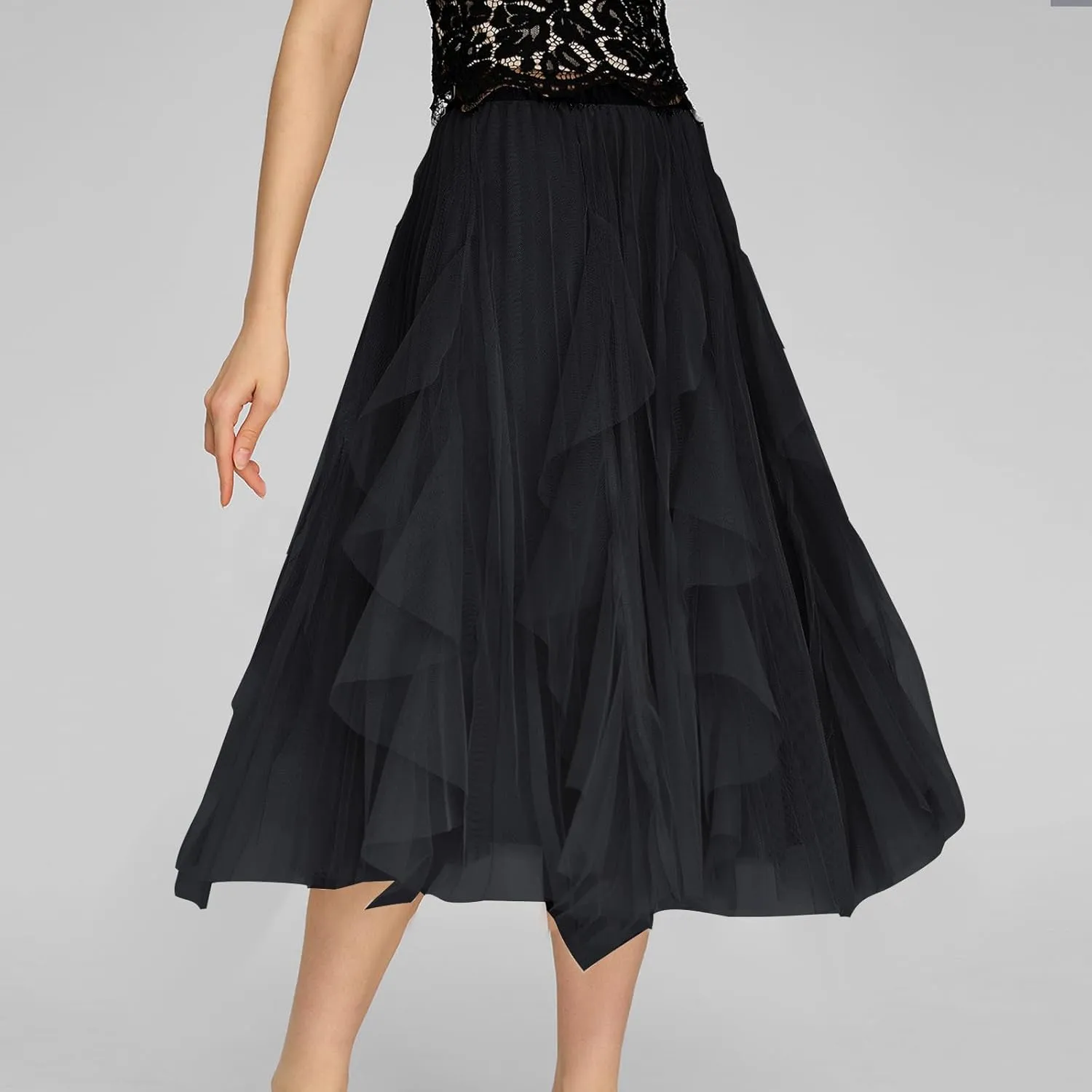 Women's Sweet Elastic Waist Tulle Skirt Asymmetrical Layered Ruffles Mesh Midi Tiered Skirt Prom Party Dance Skirts