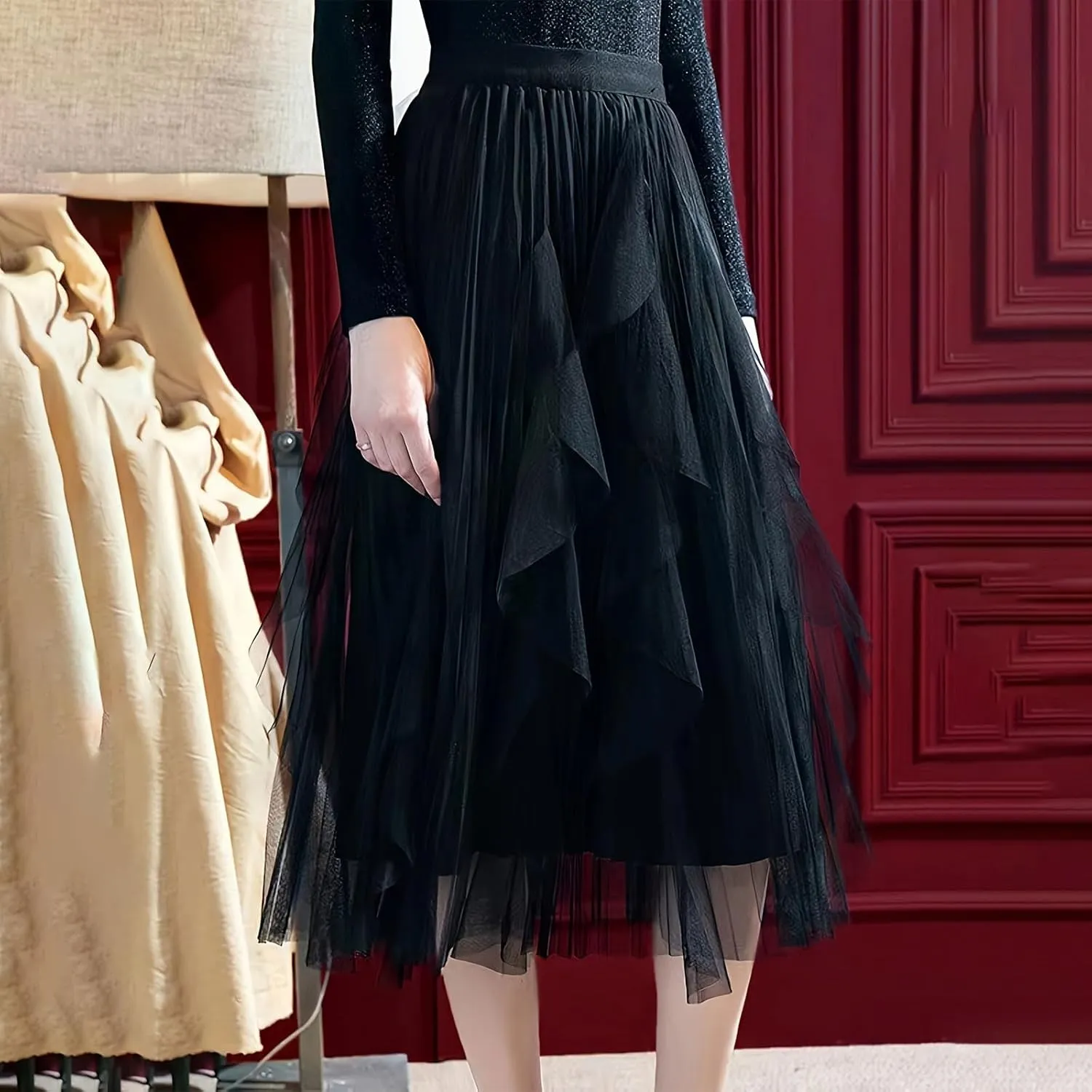 Women's Sweet Elastic Waist Tulle Skirt Asymmetrical Layered Ruffles Mesh Midi Tiered Skirt Prom Party Dance Skirts