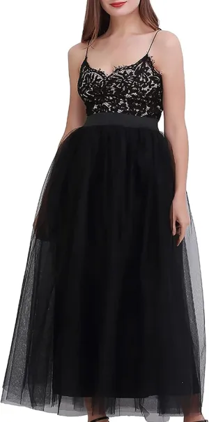 Women's Tiered Layered Mesh Ballet Trim Skirt Prom Party Tulle Tutu A Line Midi Skirt Womens Pleated Cheer Skirts