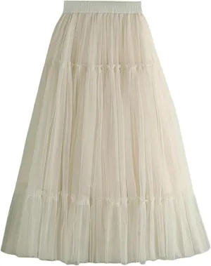 Women's Tulle Midi Skirts Pleated Elastic High Waist Mesh Long Tutu Skirt Elegant and Stylish Beach Party A Line Skirts