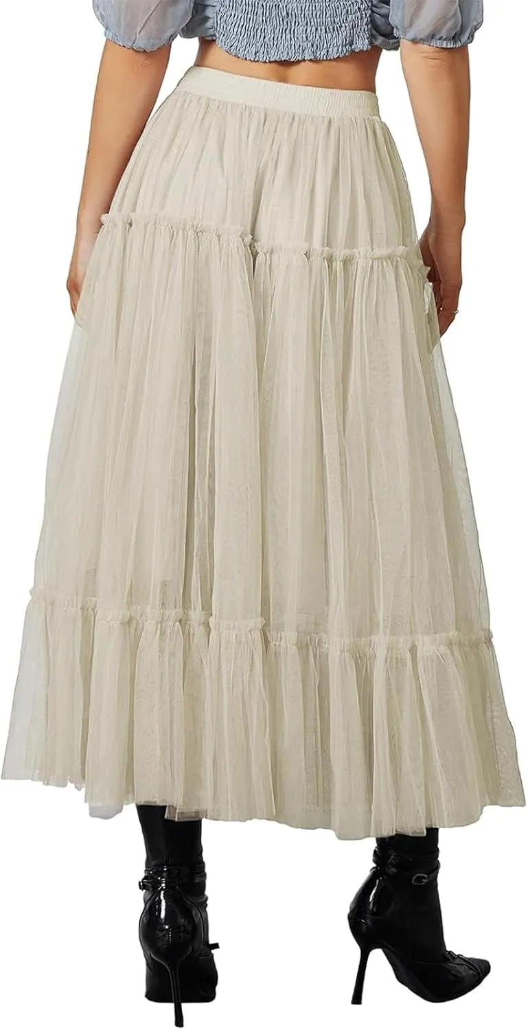 Women's Tulle Midi Skirts Pleated Elastic High Waist Mesh Long Tutu Skirt Elegant and Stylish Beach Party A Line Skirts