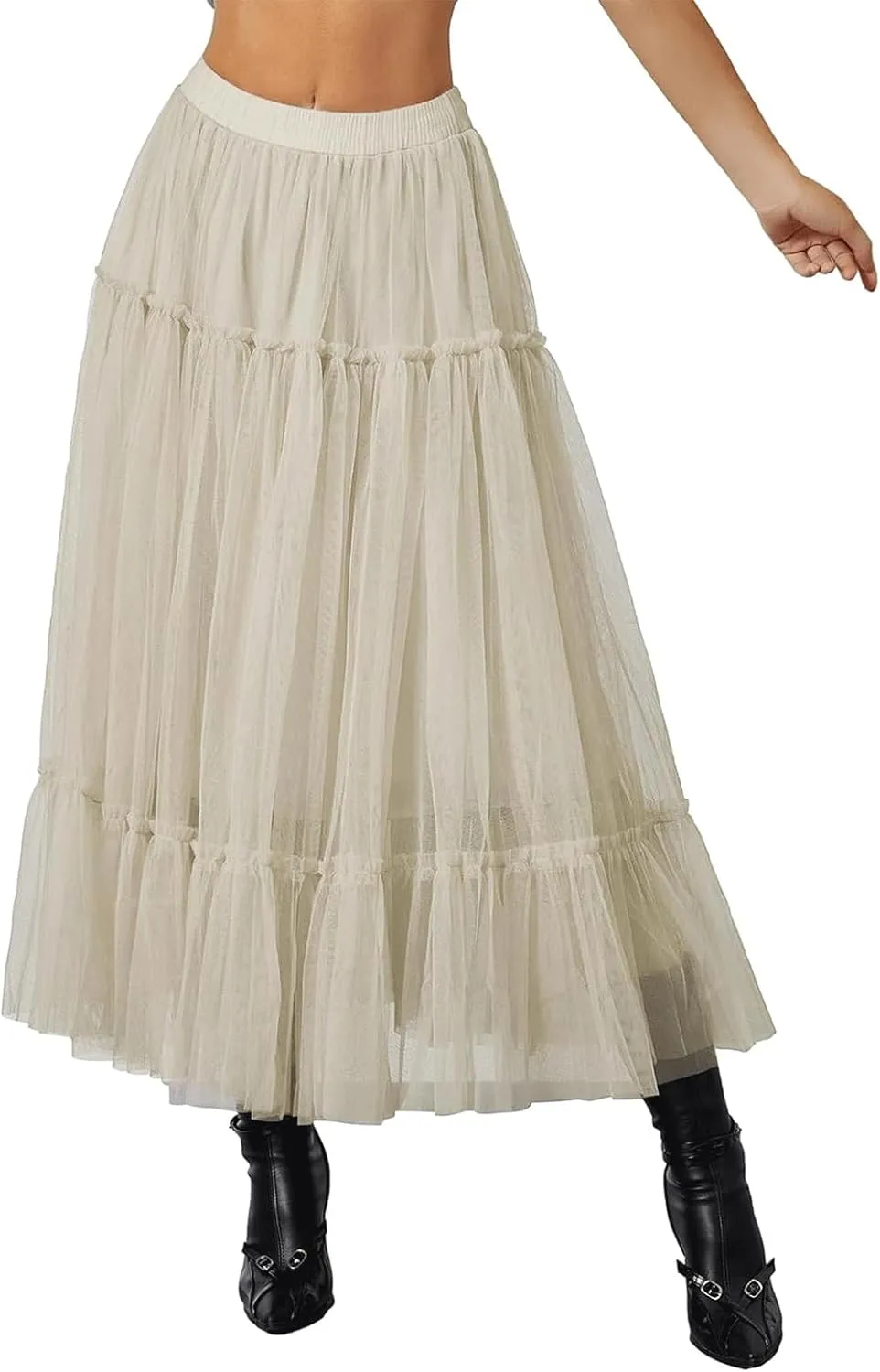Women's Tulle Midi Skirts Pleated Elastic High Waist Mesh Long Tutu Skirt Elegant and Stylish Beach Party A Line Skirts