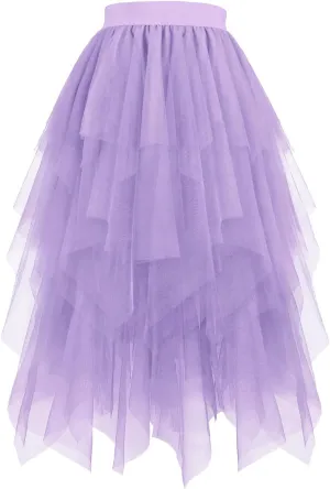 Women's Tulle Skirts High Low Layered Puffy Fairy Skirts High Waist Midi Length Irregular Tutu Skirt