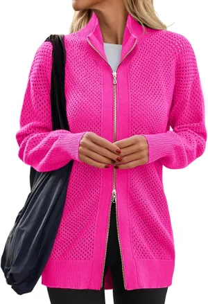 Women's Turtleneck Zip Up Cardigan Sweaters Oversized Drop Shoulder Long Sleeve Casual Solid Mesh Knit Jumper Tops