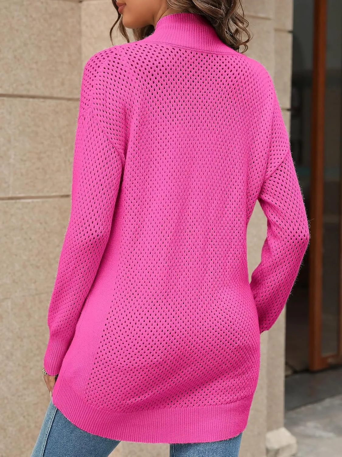 Women's Turtleneck Zip Up Cardigan Sweaters Oversized Drop Shoulder Long Sleeve Casual Solid Mesh Knit Jumper Tops